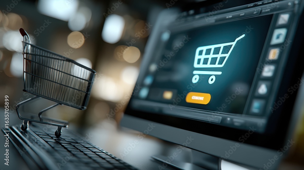 Poster a shopping cart next to a computer screen displaying an online checkout interface, emphasizing e-com