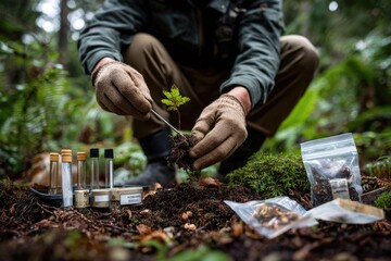 researcher lifts a leaf sample using tweezers, placing it into a labeled specimen bag