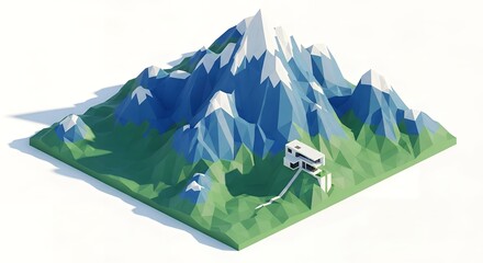 Low Poly 3D Isometric Landscape with Modern Mountain House