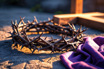 Fototapeta premium Crown of thorns and purple cloth near cross wooden cross religious