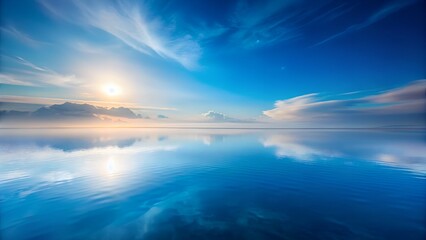 Obraz premium Serene Sunrise over Calm Ocean: Vibrant Blue Sky, Peaceful Mood, Water Reflection