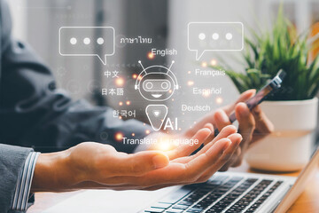 Artificial intelligence technology enabling automatic language translation. Global language translation and international connections powered by AI applications and smart systems.