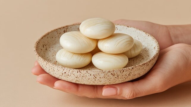 Hand-carved Tagua nut buttons displayed in ceramic dish with natural elegance