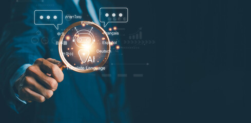 Artificial intelligence technology enabling automatic language translation. Global language translation and international connections powered by AI applications and smart systems.
