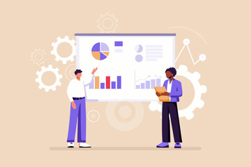 Business presentation with data charts and gears