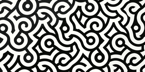 Abstract black and white intertwined pattern with circular elements