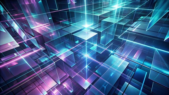 Abstract Futuristic Glass Cubes: Neon Teal and Purple Digital Network Background