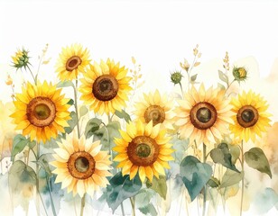 Obraz premium 夏空とひまわり畑を描いた水彩画