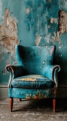 Teal wingback chair in aged room