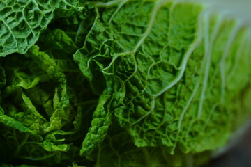 A close-up view of the vibrant green, crinkled leaves of a fresh napa cabbage, highlighting its...