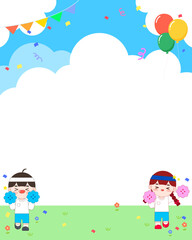 체육 대회, 가을 운동회 어린이 캐릭터가 그려진 운동회 배경 일러스트 디자인. 벡터 일러스트레이션.