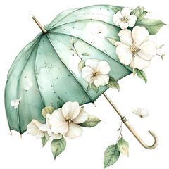 Beautiful watercolor illustration of open umbrella adorned with delicate white flowers and green leaves, evoking sense of tranquility and elegance. soft colors and floral details create charming