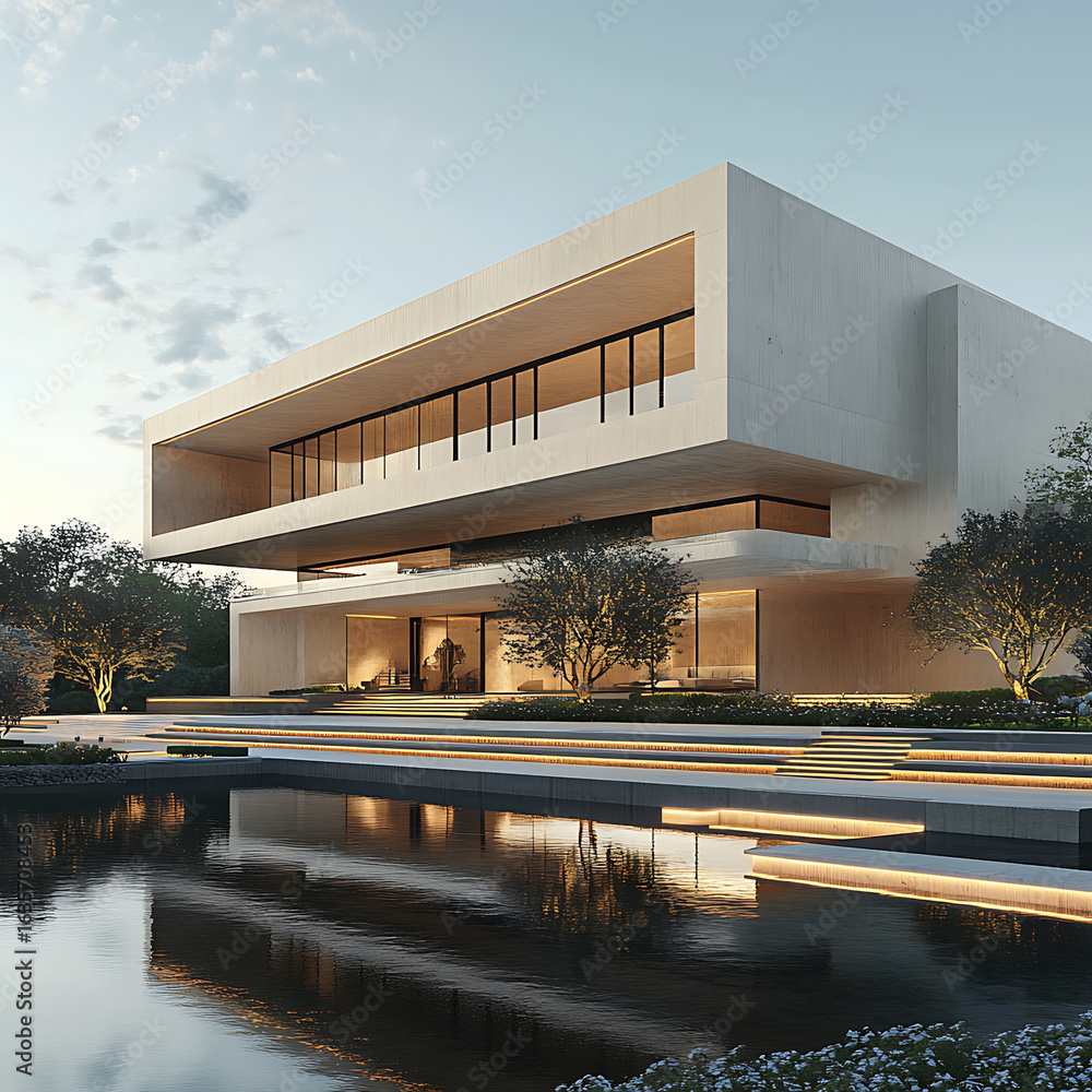 Poster modern architecture showcases stunning building with clean lines and minimalist design, surrounded b