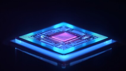 Illuminated Microchip Processor on Dark Background Quantum Computing and Modern Technology Innovations