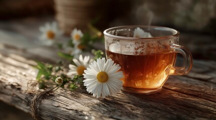 Chamomile Tea in Glass Cup with White Daisy Flowers on Rustic Wooden Surface