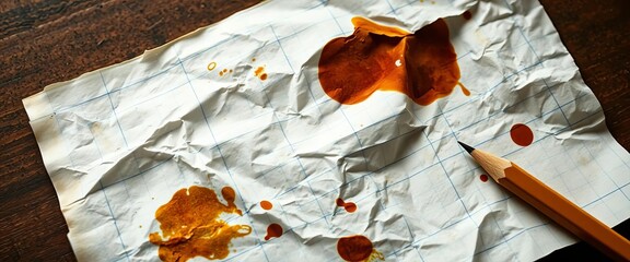 Close-up of crumpled, smudged graph paper with coffee stains and pencil markings,  pencil,  messy paper