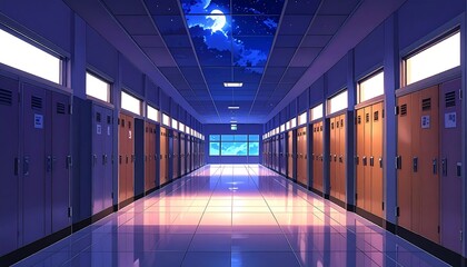 Fototapeta premium Empty school hallway at night.
