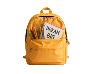 Vibrant Yellow Backpack with Front Pocket Filled with Colorful Pencils and Notebooks – Back to School Supplies Isolated on White Background