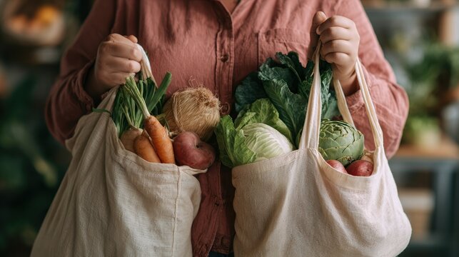 Fresh Organic Vegetables in Eco-Friendly Bags Held by a Person Wearing a Casual Outfit in a Cozy Market Setting - Powered by Adobe