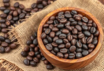 Fototapeta premium Dark roasted coffee beans in rustic wooden bowl on burlap, coffee lover, coffee shop