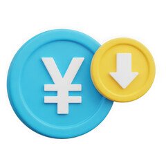 Obraz premium Yen currency symbol with downward arrow coin isolated on transparent background