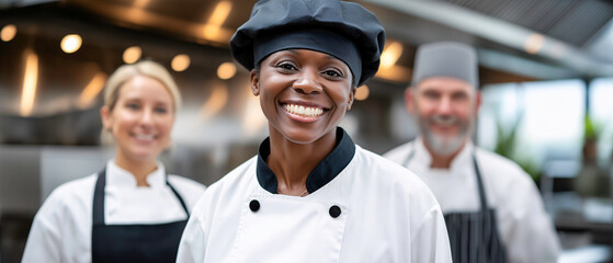 Culinary Team Portrait: A close-up shot showcases a diverse team of culinary professionals exuding confidence and skill, ready to deliver delectable dishes.