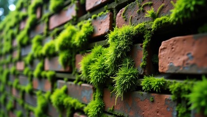 Close-up view of moss growing on a brick wall.