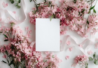 Obraz premium Blank card surrounded by pink flowers and ribbons