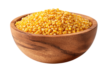 Wooden bowl filled with small, yellow grains