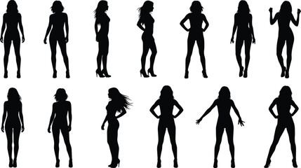 Silhouette set of female body poses, fashion figure template, woman model standing positions, CAD flat vector illustration, design sketch for apparel