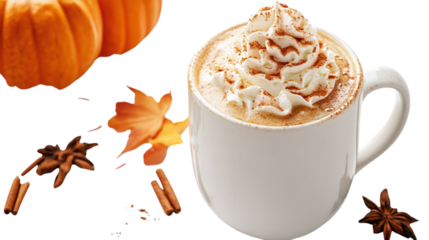 • A fall-themed pumpkin spice latte with whipped cream, isolated on white background in HD 