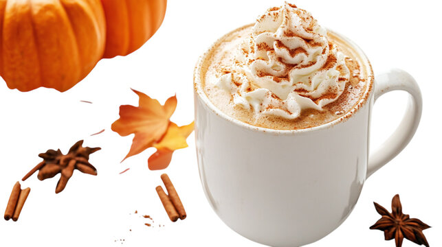 • A fall-themed pumpkin spice latte with whipped cream, isolated on white background in HD  - Powered by Adobe