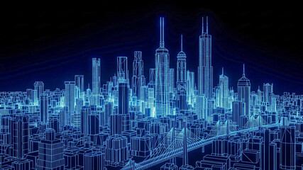 Futuristic Wireframe Cityscape:  Neon Blue Digital Metropolis at Night, Modern Architecture, Technology Concept.