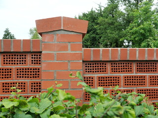 Detailed view of a modern perforated brick wall with pillars as a perimeter fence. Clean lines,...