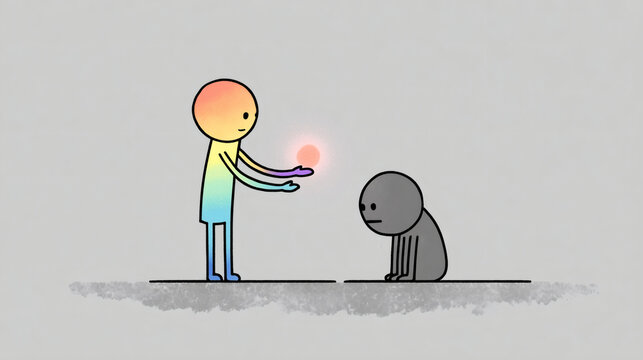 A minimalist illustration of two simple, abstract, diverse figures. One figure is sad (represented by a grey color and slumped posture), while the other gently offers a single, glowing, warm-colored o