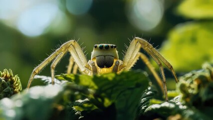 A close-up shot of a spider resting on a leafy green plant