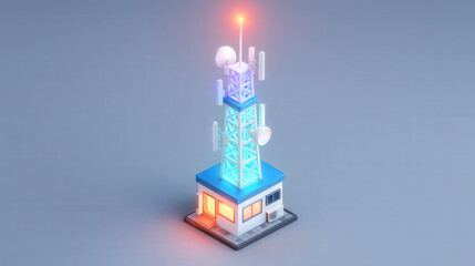 Digital illustration of communication tower with antennas and glowing light represents startup incubation in technology
