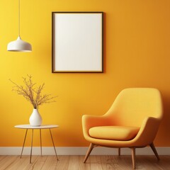 Cozy mid century modern living room with orange armchair and yellow wall
