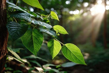 Golden morning light filters through a canopy of vibrant green leave