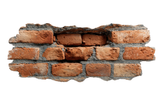 Section of a weathered brick wall with a missing segment