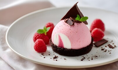 A beautifully plated dessert consisting of a raspberry mousse dome sitting on a chocolate cookie crust