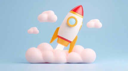 Colorful rocket launches through fluffy clouds symbolizing startup incubation and innovation
