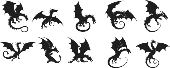 Dragon silhouette set, mythical creature icons, flying beast shapes, black vector design, fantasy illustration, winged reptiles, graphic art, tattoo elements