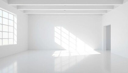 Obraz premium Sunlit minimalist white room, empty, spacious, modern design, minimal, apartment