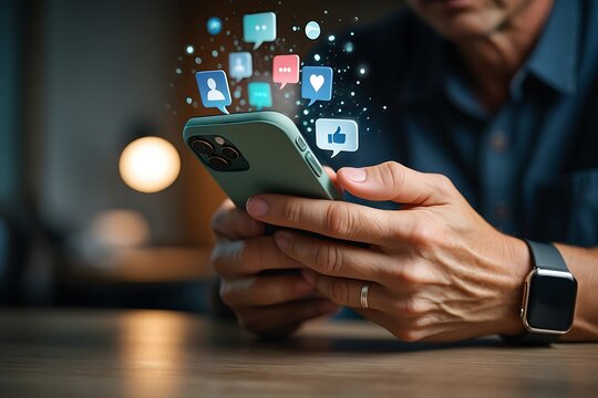 Person using smartphone with social media notification icons above connected to online community and global communication network