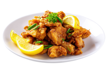 Crispy, golden-brown fried fish, piled high on a white plate.  Lemon wedges flank the dish.  Fresh green garnish