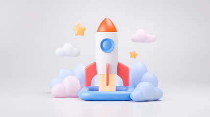 Colorful toy rocket surrounded by clouds and stars symbolizes playful startup incubation concept