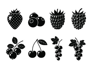 Delicious Berries Monochrome: A collection of monochrome berry illustrations, including strawberry, blueberry, raspberry, blackberry, black currant, cherry, red currant, and other fresh. © abidakhatun