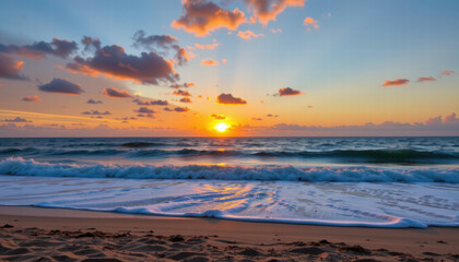 Beautiful sunset over ocean creates serene atmosphere, with vibrant colors reflecting on water and gentle waves lapping at sandy shore. scene evokes sense of peace and tranquility