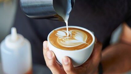 Pouring milk into a cup of coffee creating beautiful latte art close up in a coffee shop for caffeine lovers